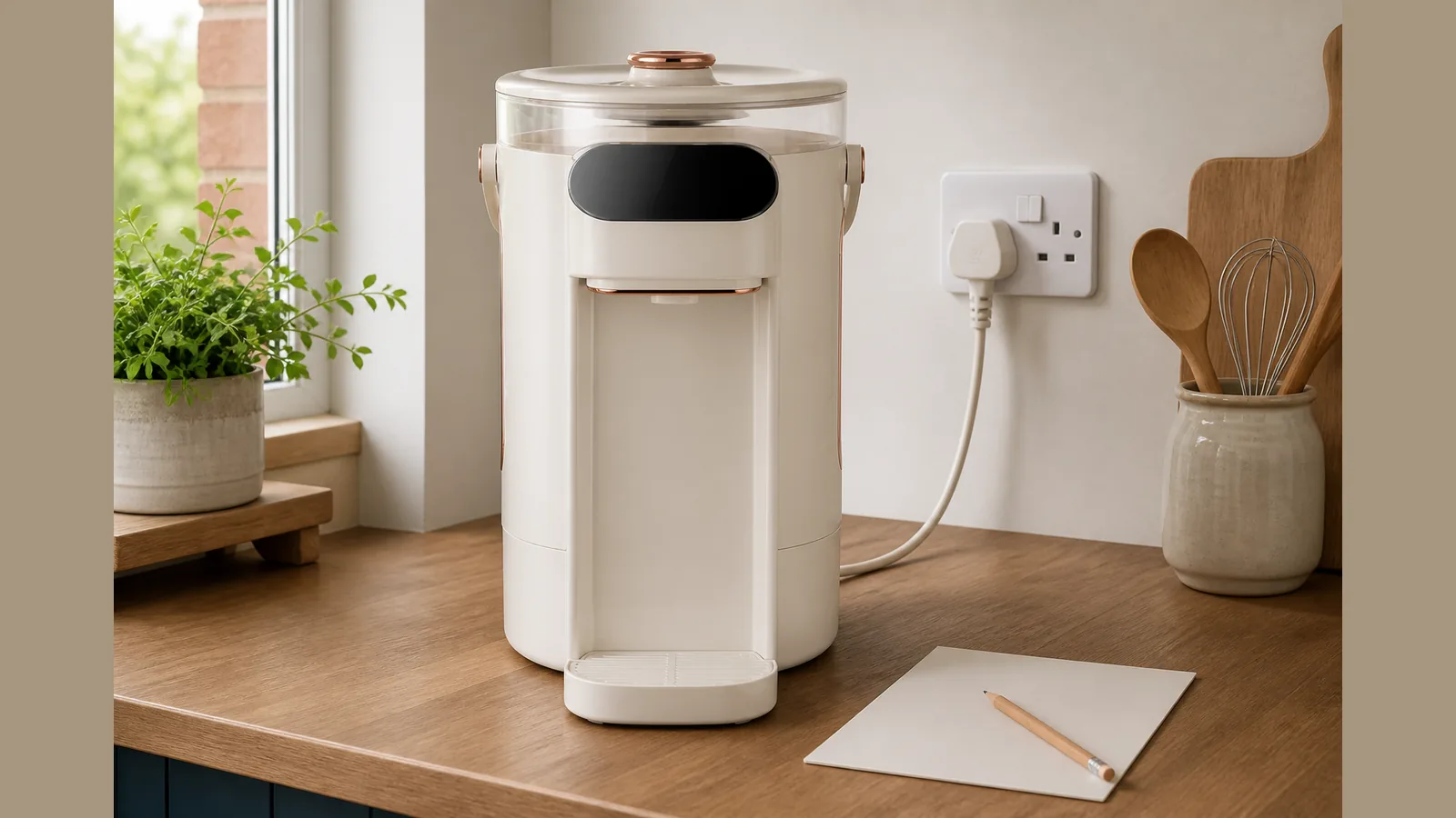 Electric kettle on its base beside a UK wall socket during a safe troubleshooting check