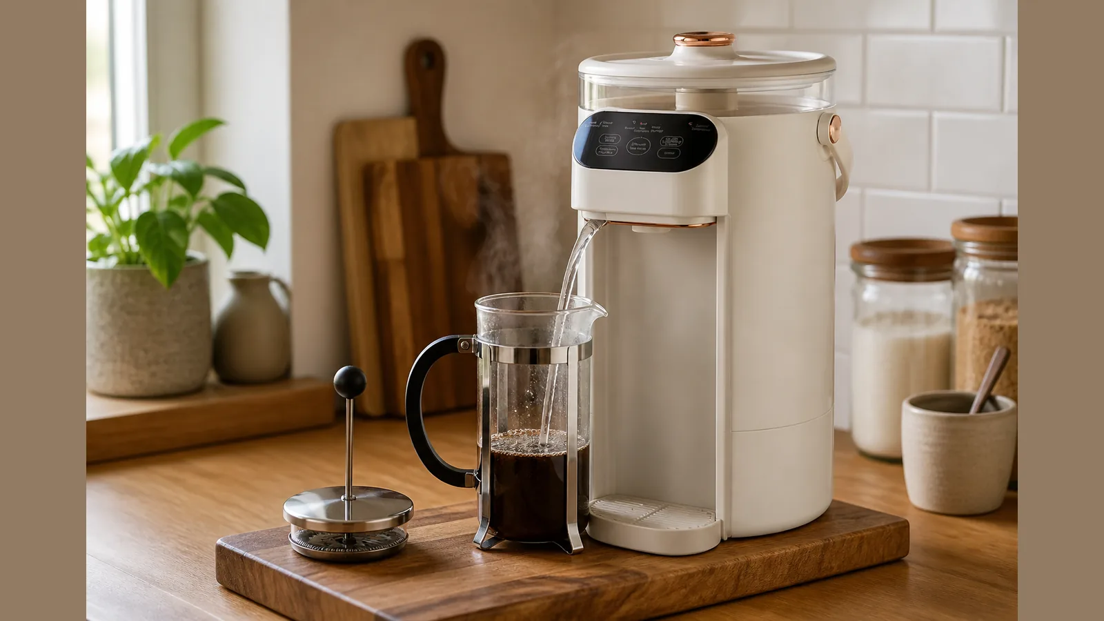 Pouring temperature-controlled water into a French press cafetière in a UK kitchen