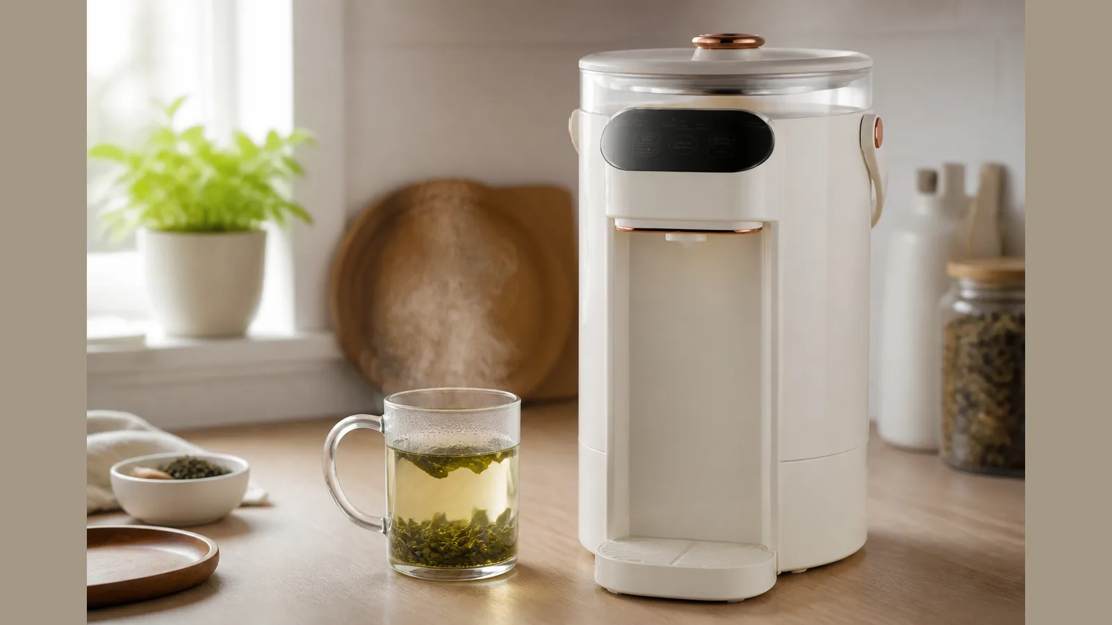 Green tea steeping beside a temperature-control kettle display below boiling point