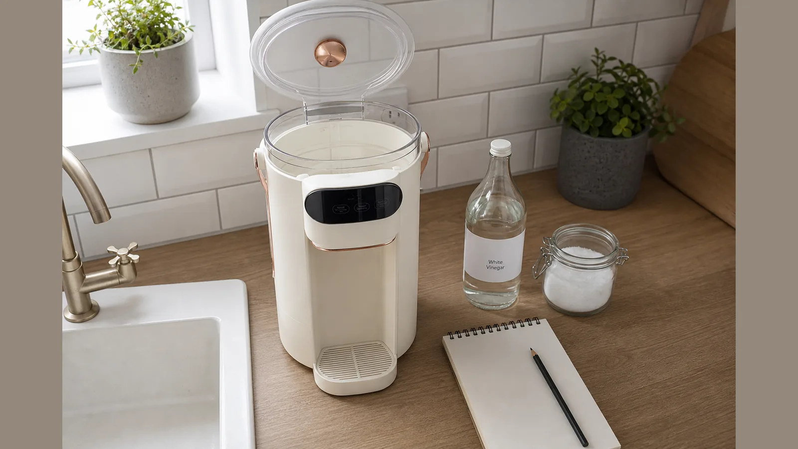 Electric kettle with lid open beside vinegar and citric acid for a UK descaling checklist